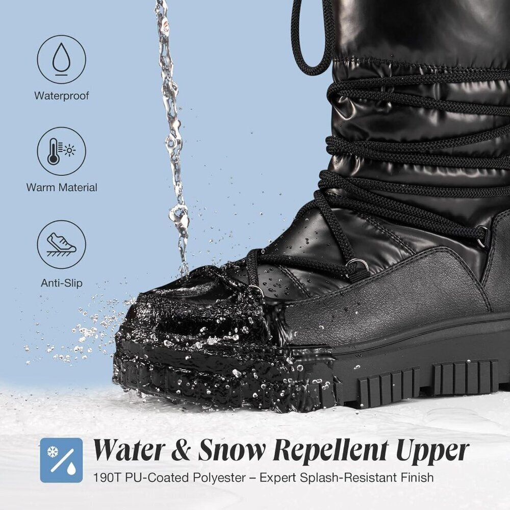 Women Black Waterproof Fleece Lined Rain Boots for Winter Cold Weather - Picture 3 of 8